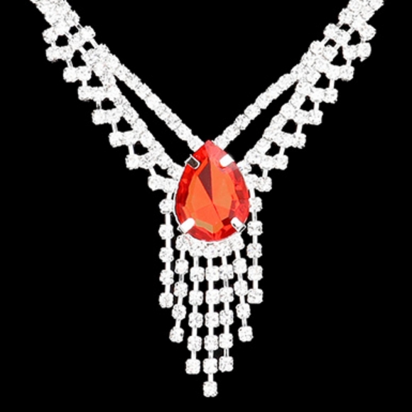 Red Silver Droplet Fringe Rhinestone Crystal Necklace Jewelry Formal Black Tie - Picture 4 of 8